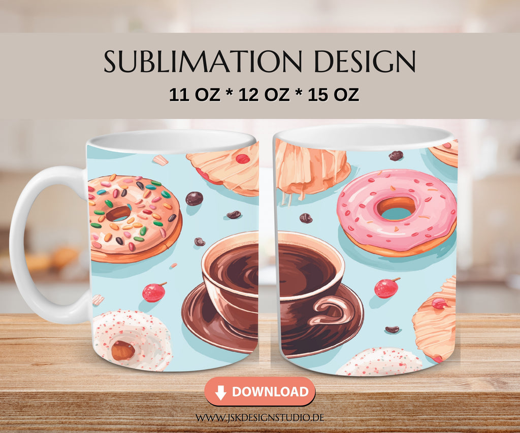 Kaffee mit Donuts - Kaffeetassen Motiv Datei für Sublimation