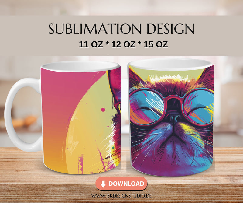 coole Katze - Druckvorlage für Tassen Sublimation - JSKDesignStudio 