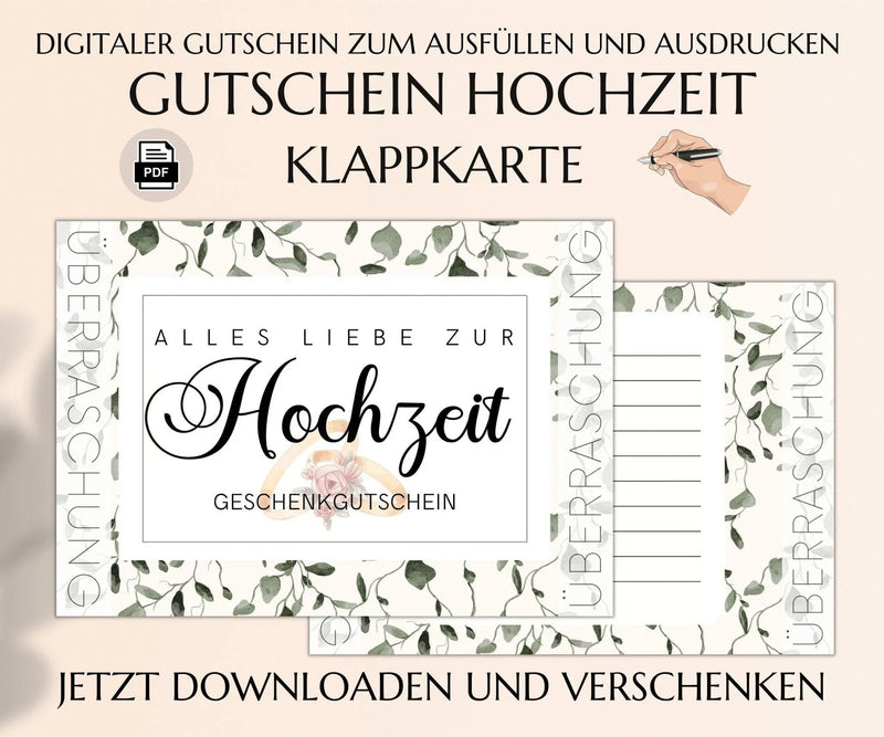 Klappkarte Gutschein Hochzeit Vorlage zum Ausdrucken | last minute Hochzeitsgeschenk | Geldgeschenke Hochzeitskarte | JSK157 - JSKDesignStudio 