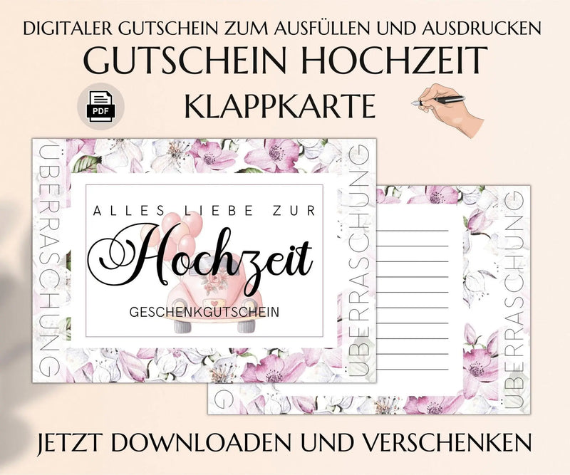 Klappkarte Gutschein Hochzeit Vorlage zum Ausdrucken | last minute Hochzeitsgeschenk | Geldgeschenke Hochzeitskarte | JSK158 - JSKDesignStudio 
