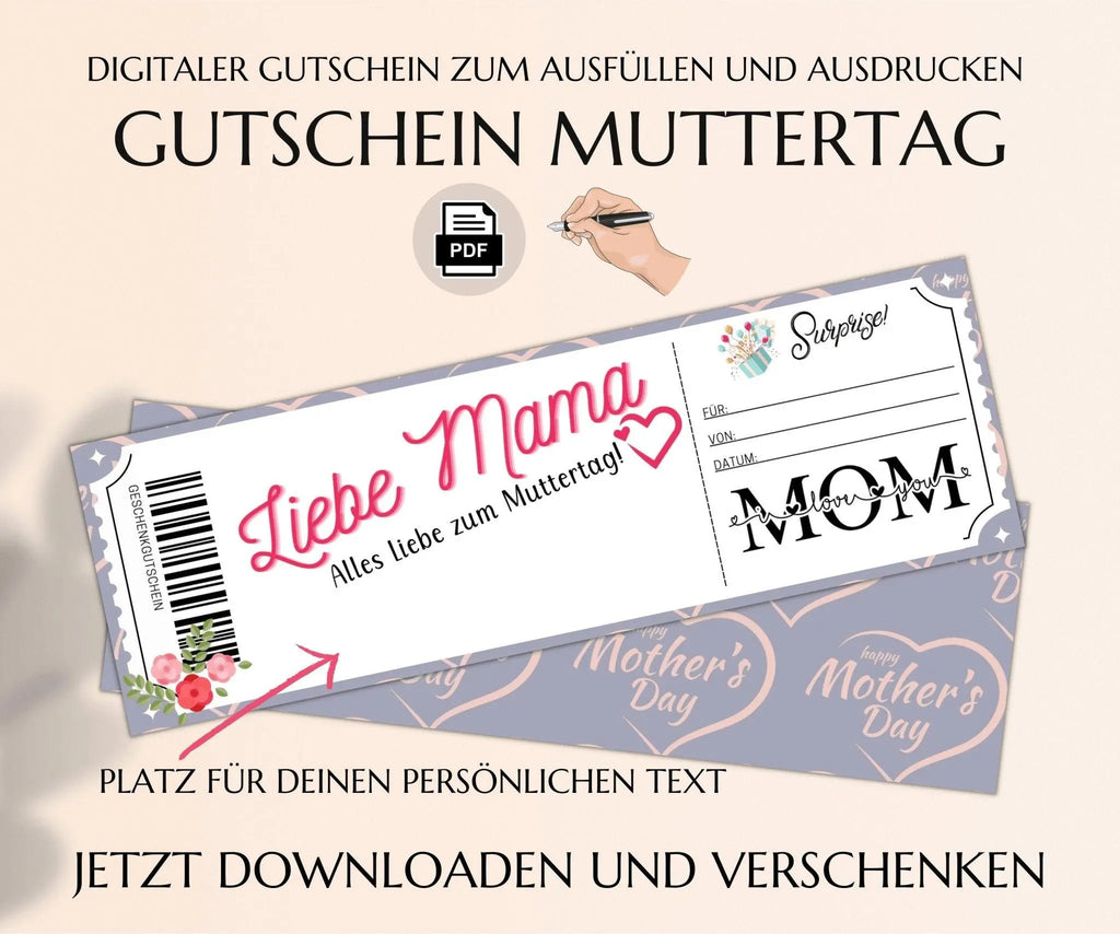 Muttertagsgeschenk Gutschein | Muttertagskarte Vorlage zum Ausdrucken | Mama-Tochter Tag Geschenkidee | JSK085 - JSKDesignStudio 