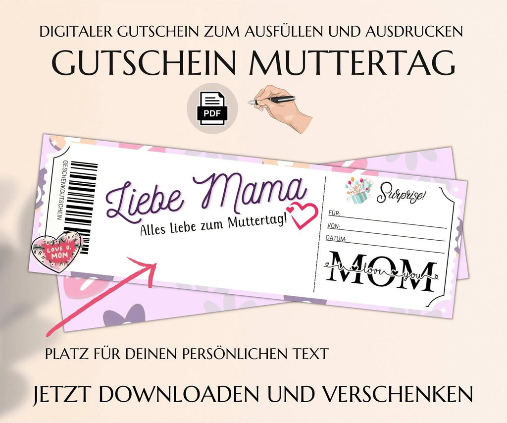 Muttertagskarte Vorlage zum Ausdrucken | Muttertagsgeschenk Gutschein | Mama-Tochter Tag Geschenkidee | JSK086 - JSKDesignStudio 