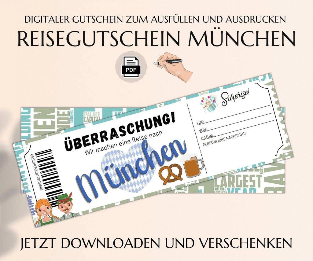 Reise München Geschenkgutschein | Gutschein Vorlage zum Ausdrucken | JSK081 - JSKDesignStudio 