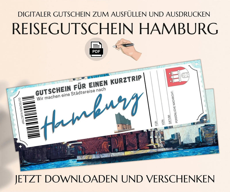 Reisegutschein nach Hamburg Vorlage zum Ausdrucken - JSKDesignStudio 