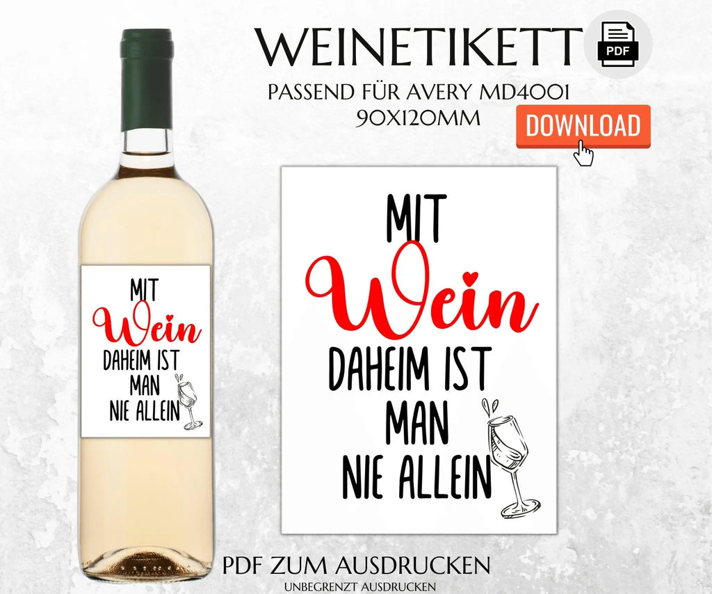 "Mit Wein daheim..." Spruch Weinetikett zum Ausdrucken - JSKDesignStudio 