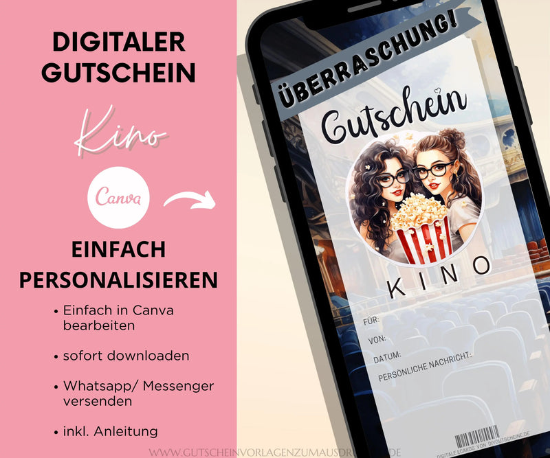 Gutschein Kino Vorlage Mädelsabend - eCard - Digitale Einladung - JSKDesignStudio 